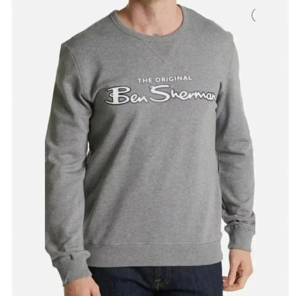 Ben Sherman Small Grey Heather Long Sleeve Men's Logo Crew Neck Cotton Sweater - Picture 1 of 10